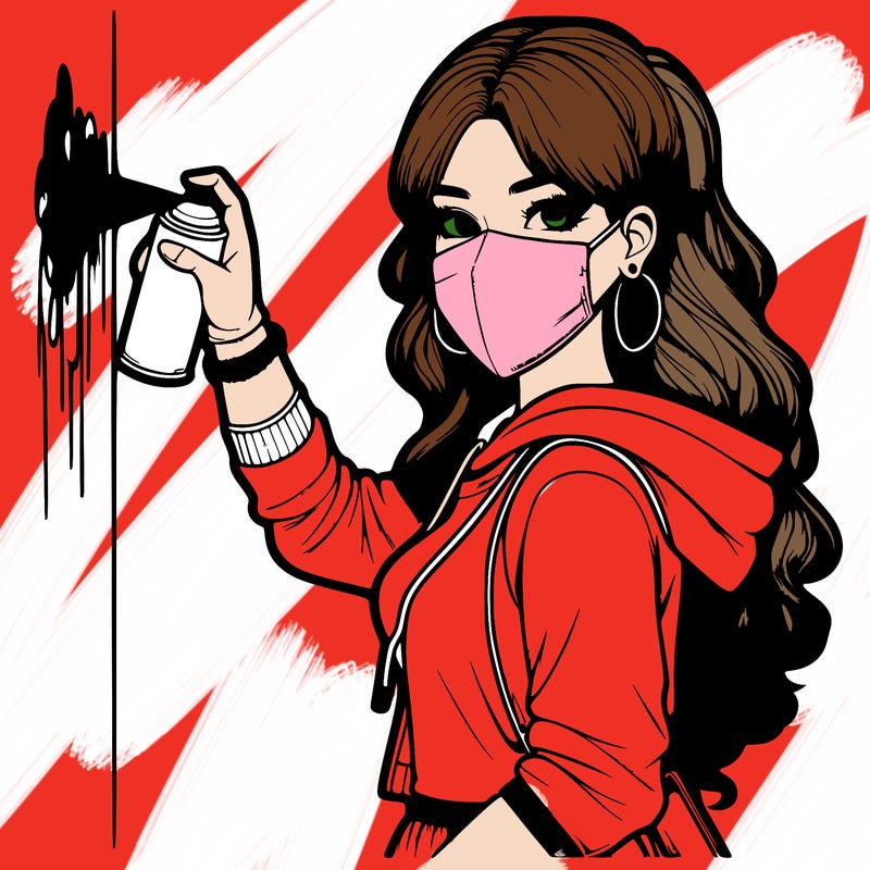 realistic girl with mask spray painting a wall