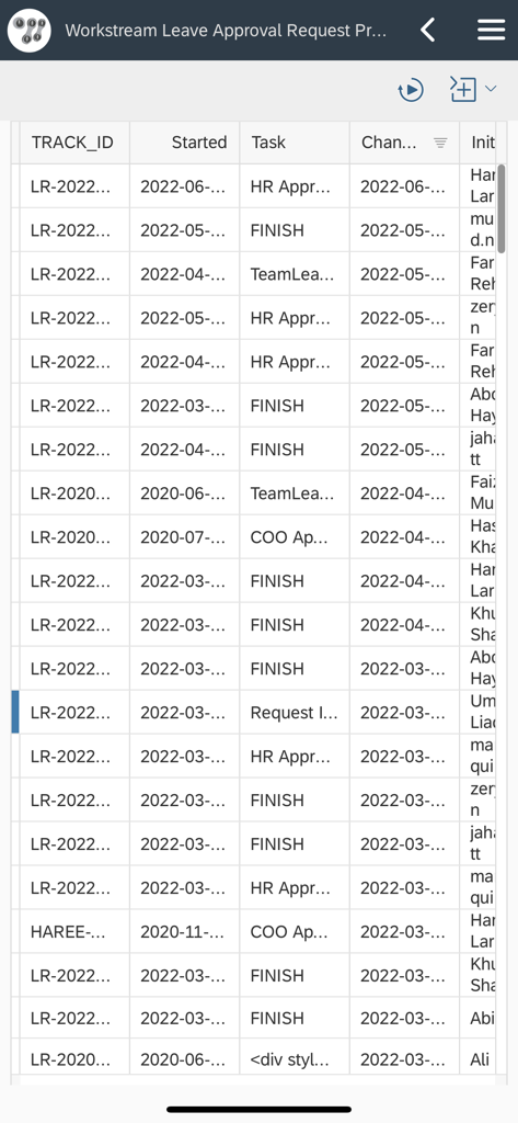 Cloudstream - Eine Datentabelle in der Cloudstream-App, die Tracking-IDs für Urlaubsfreigabeanträge und Workflow-Status anzeigt