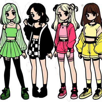 one girl with crop-top shirt and a jacket with a skirt, long socks and another girl with a shirt and pants with a jacket