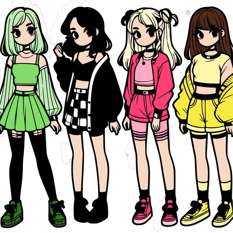 one girl with crop-top shirt and a jacket with a skirt, long socks and another girl with a shirt and pants with a jacket