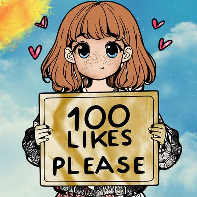 a girl holding a sign saying 100 likes please