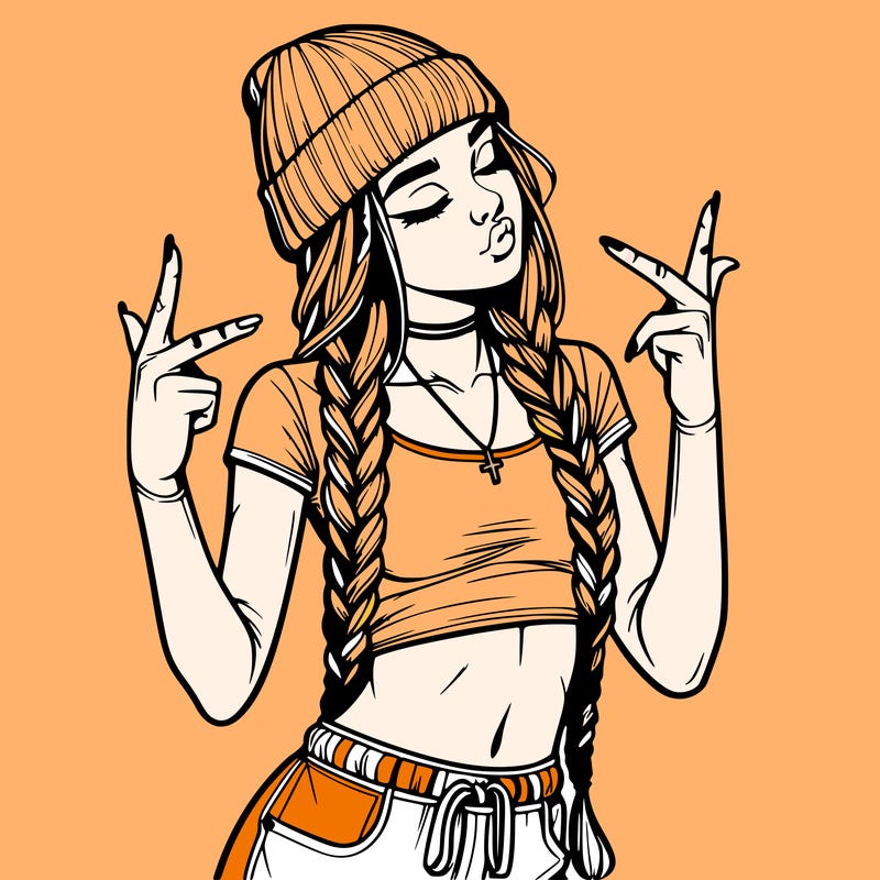 realistic teenage girl with braids and a beanie and crop top doing 🫶🏼