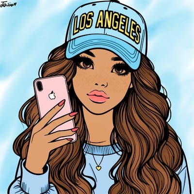realistic beautiful girl wearing los ángeles cap holding an iphone