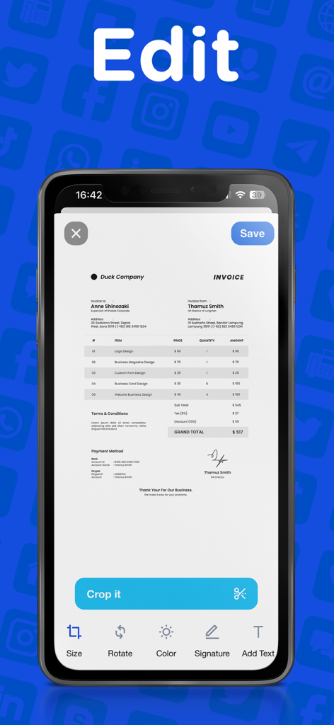 A smartphone displaying the edit interface of a fax app with tools to crop sign and add text to an invoice