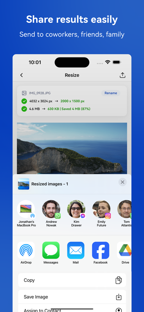 Photo & Picture Resizer - Condivisione di una foto ridimensionata dall'app tramite il menu di condivisione mobile
