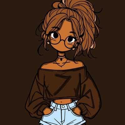 girl with a messy ponytail glasses a baggy crop top and jean shorts