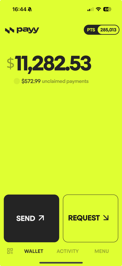 Payy app wallet screen showing dollar balance points and options to send or request money