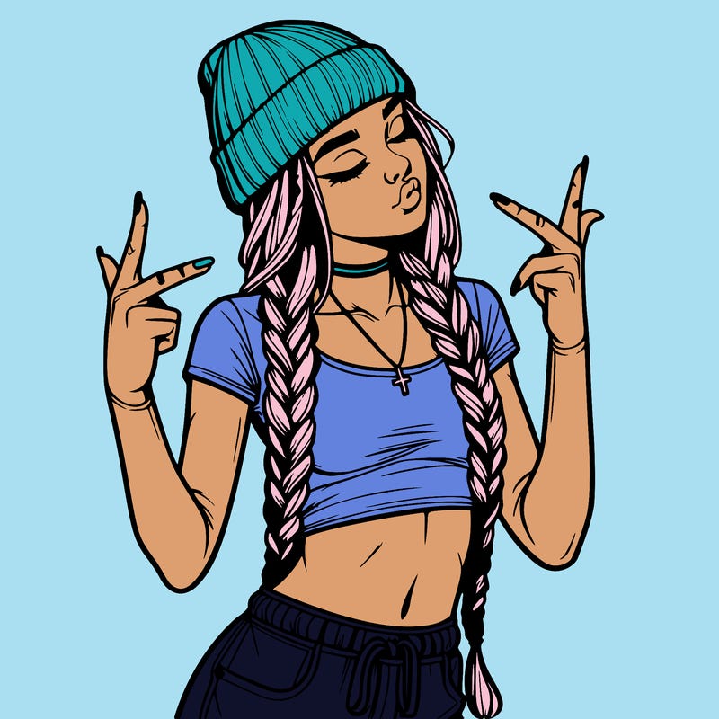 realistic teenage girl with braids and a beanie and crop top doing 🫶🏼
