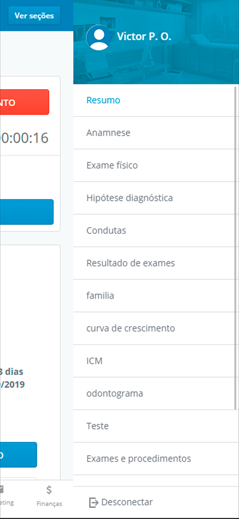 iClinic - Software Médico - Menu laterale dell'app medica iClinic che mostra le sezioni del record del paziente come anamnesi ed esame fisico.