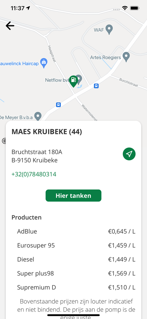MAES Mobile App zeigt einen Tankstellenstandort in Kruibeke mit einer Liste der aktuellen Kraftstoffpreise pro Liter an