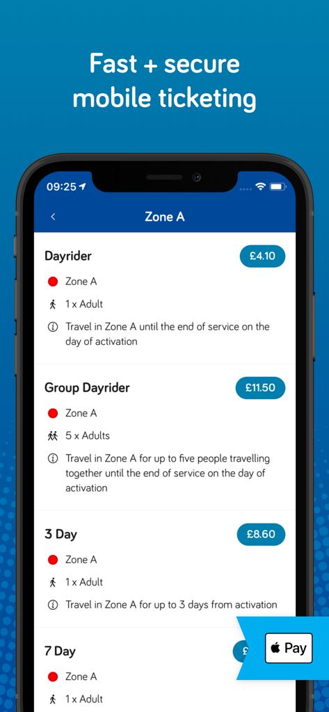 More buses - More buses app screen showing mobile ticket options for Zone A with Apple Pay support.