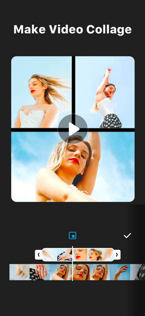 InShot App-Oberfläche, die die Video-Collagen-Funktion mit mehreren Clips und einer Wiedergabe-Timeline anzeigt