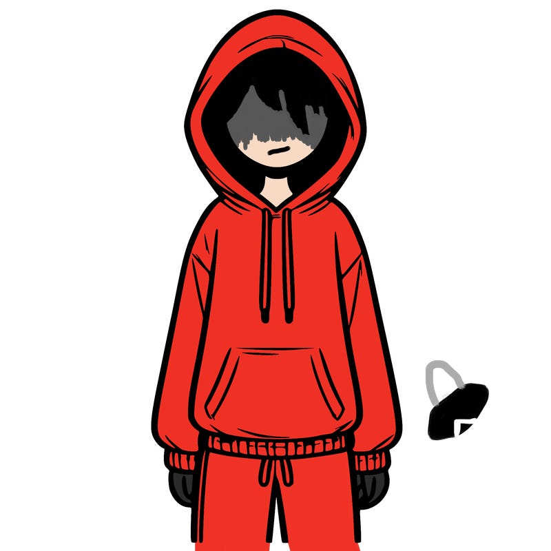 faceless girl in a tracksuit with a hood on and no hair