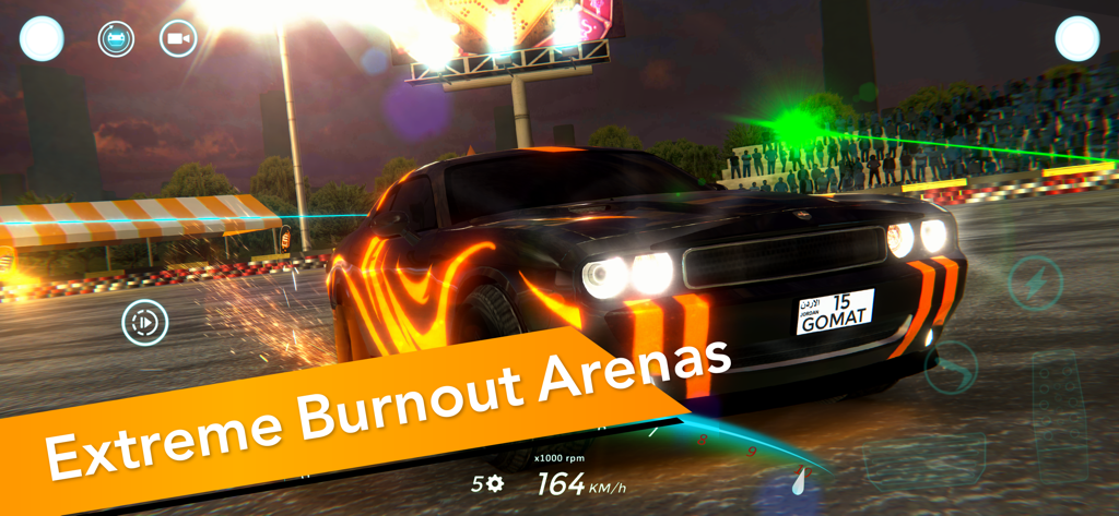 A black muscle car with orange flame decals performing a burnout in a crowded stadium arena