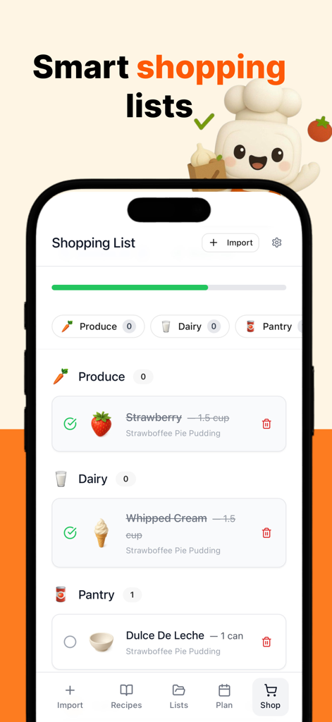 CookBook Recipe & Meal Planner - CookBook app interface showing a smart shopping list organized by categories like produce, dairy, and pantry.