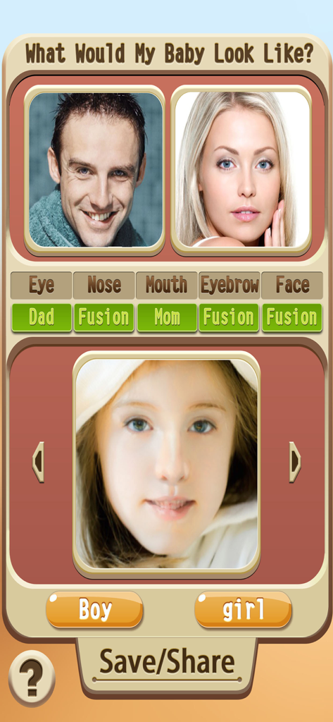 Tela do aplicativo mostrando fotos dos pais e o rosto do futuro bebê gerado com configurações de personalização de características