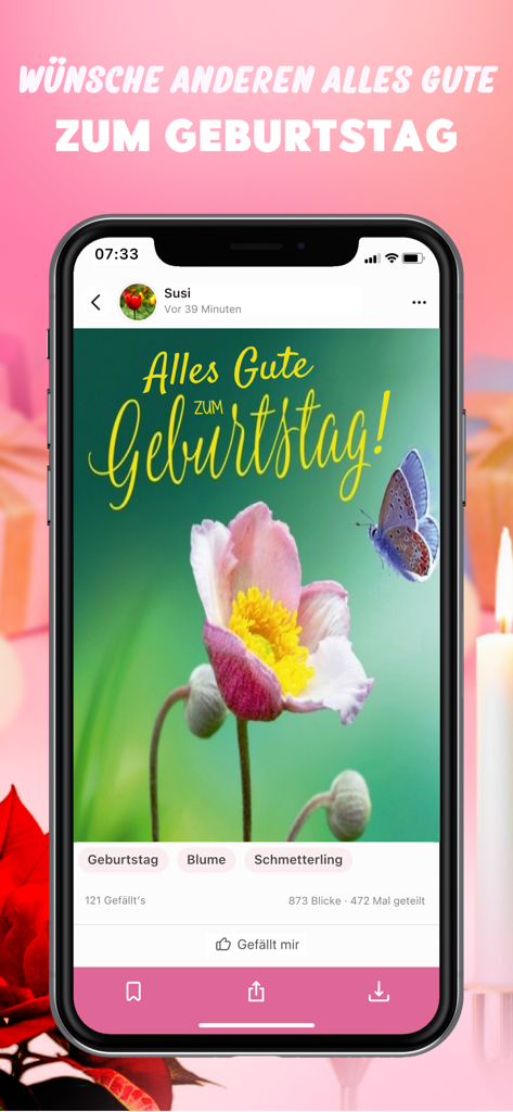 Congratulations Videos & Pics - A mobile app interface displaying a floral birthday greeting card with a butterfly and Happy Birthday text