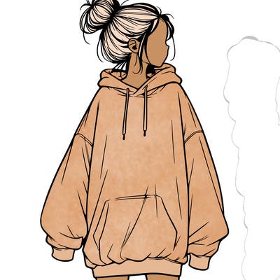 realistic girl with a oversized sweatshirt on and a bun