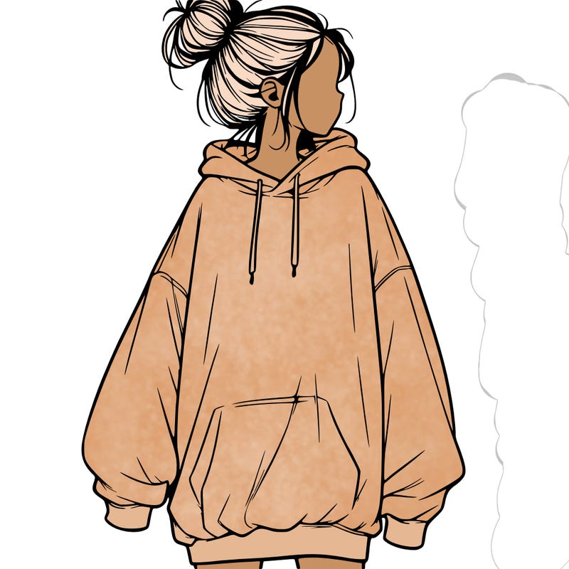 realistic girl with a oversized sweatshirt on and a bun