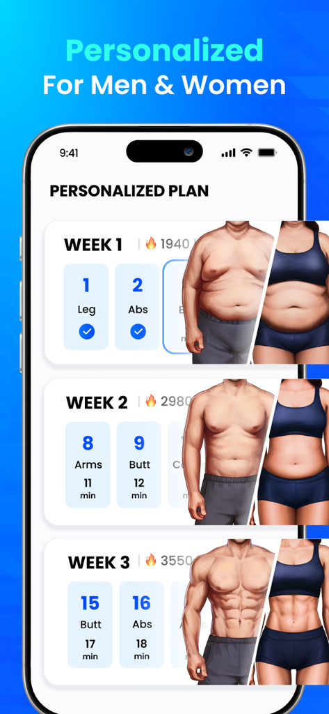 Personalized 3 week home workout plan for men and women showing body transformation and daily exercises