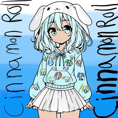 pretty anime girl wearing a fluffy hoodie with bunny ears on the hood and a skirt