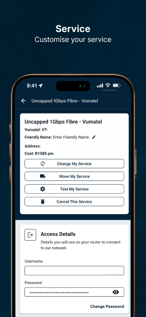 Mweb mobile app interface for managing and customizing fibre internet services