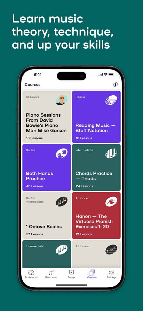 Playground: Real Piano Lessons - Playground piano app showing a selection of music theory and technique courses.