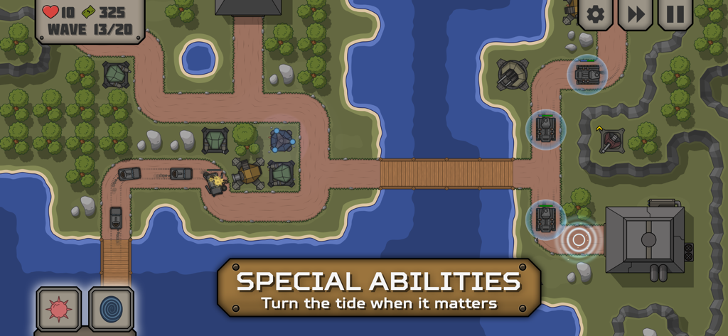 Tactical War 2: Tower Defense - A gameplay screenshot of Tactical War 2 showing tanks crossing a bridge and a banner for special abilities