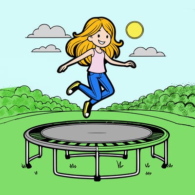 teen girl jumping on trampoline in backyard with clear skies and grass
