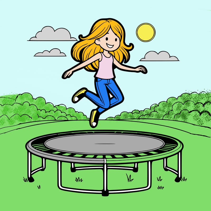 teen girl jumping on trampoline in backyard with clear skies and grass