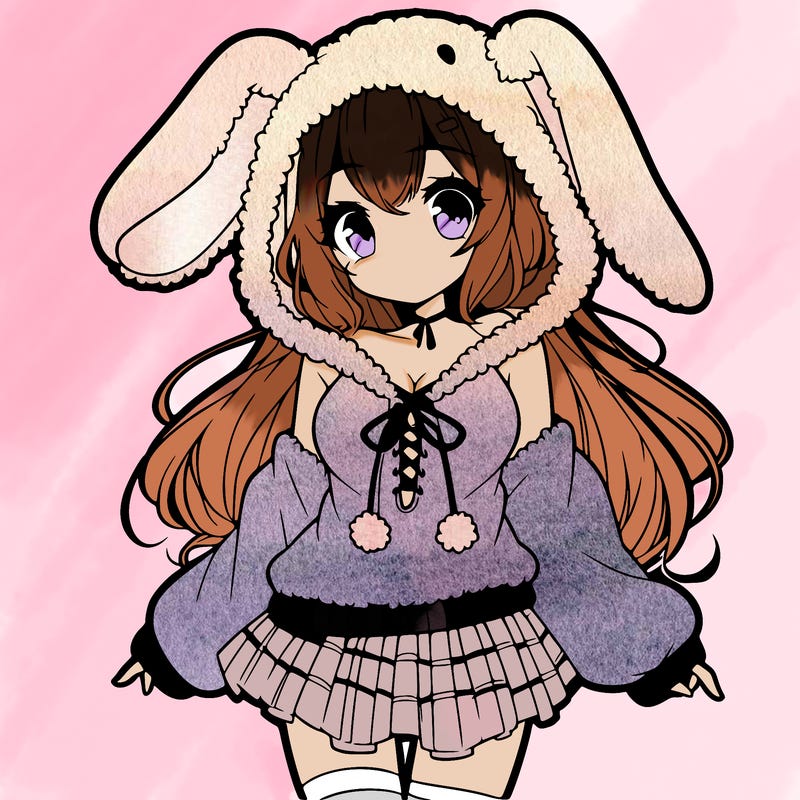 pretty anime girl wearing a fluffy hoodie with bunny ears on the hood and a skirt