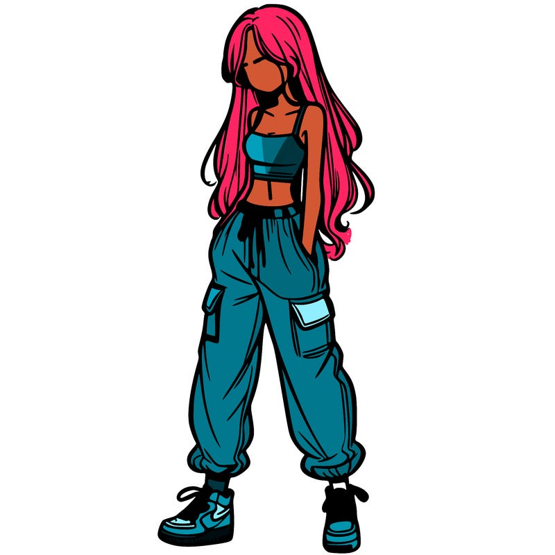 girl in baggy pants crop top and long hair