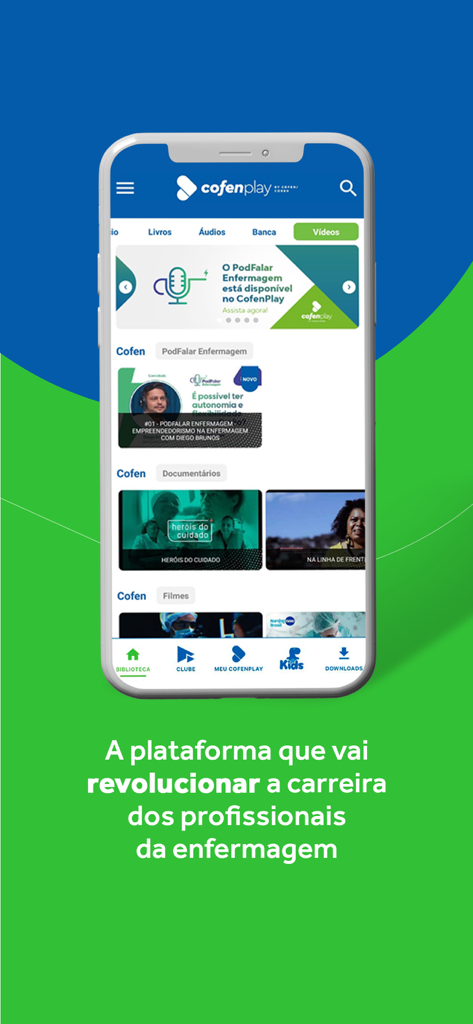 Cofenplay+ - Smartphone screen showing the Cofenplay plus app video section for nursing professionals