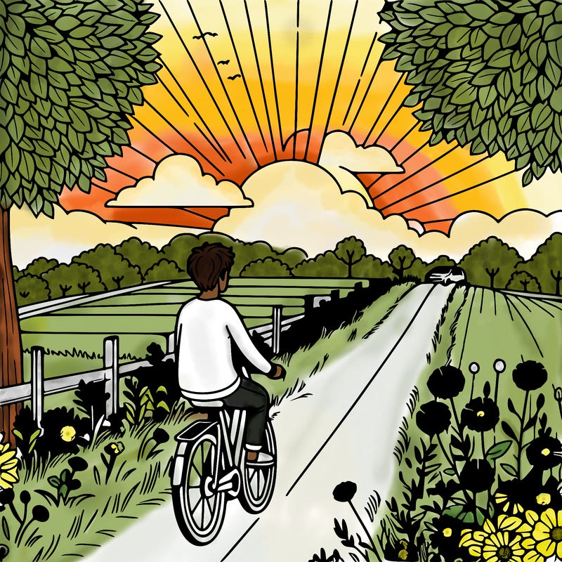 man riding bicycle on narrow path surrounded by green fields and flowers, warm sunlight