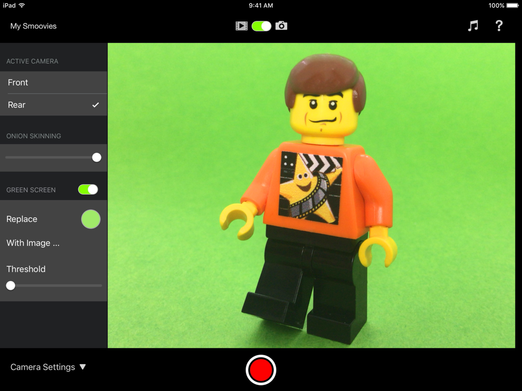 Interface of Smoovie Stop Motion app on iPad showing green screen and onion skinning settings with a LEGO minifigure