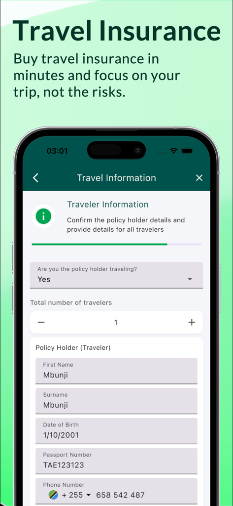 Strategis Insurance - Traveler information form for buying travel insurance on the Strategis Insurance mobile app