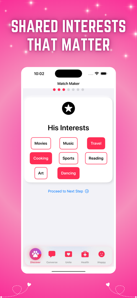 MeetChat iHappy - MeetChat iHappy app interface showing selected user interests like travel and cooking for the match maker feature