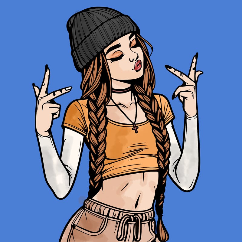 realistic teenage girl with braids and a beanie and crop top doing 🫶🏼