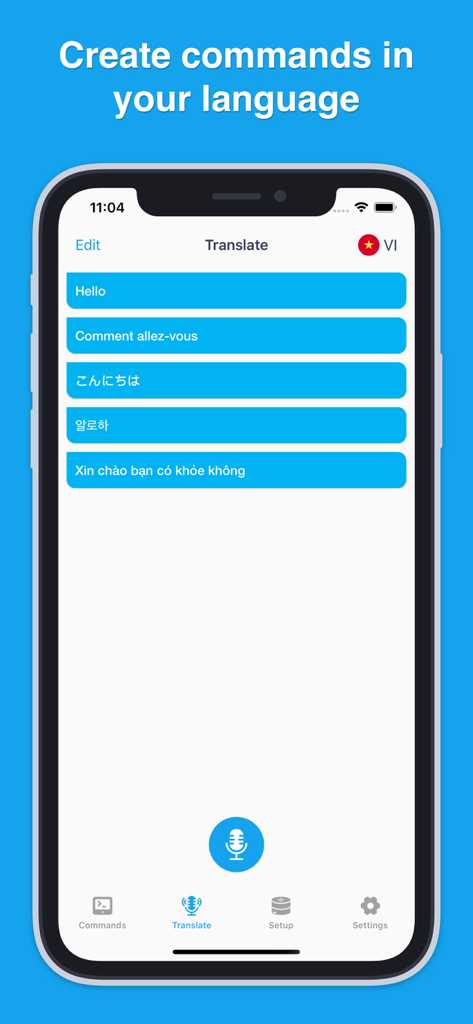 Interfaccia dell'app di comandi Alexa che mostra la funzione di traduzione multilingue per i comandi vocali