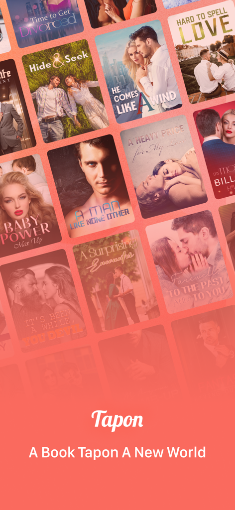 A collage of diverse romance and fantasy novel covers on the Tapon app interface.