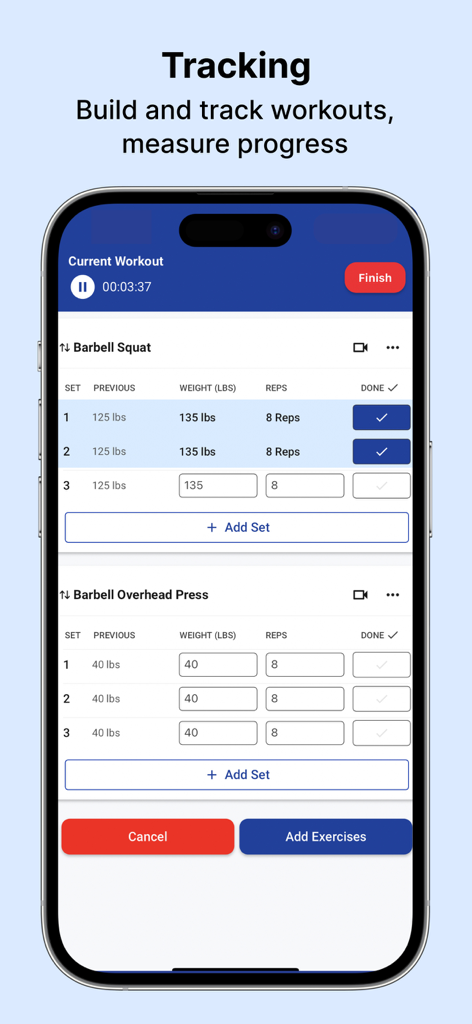 MuscleWiki: Workout & Fitness - Interface de l'application MuscleWiki montrant un journal d'entraînement pour suivre les séries et les répétitions de squats à la barre et de développé militaire.