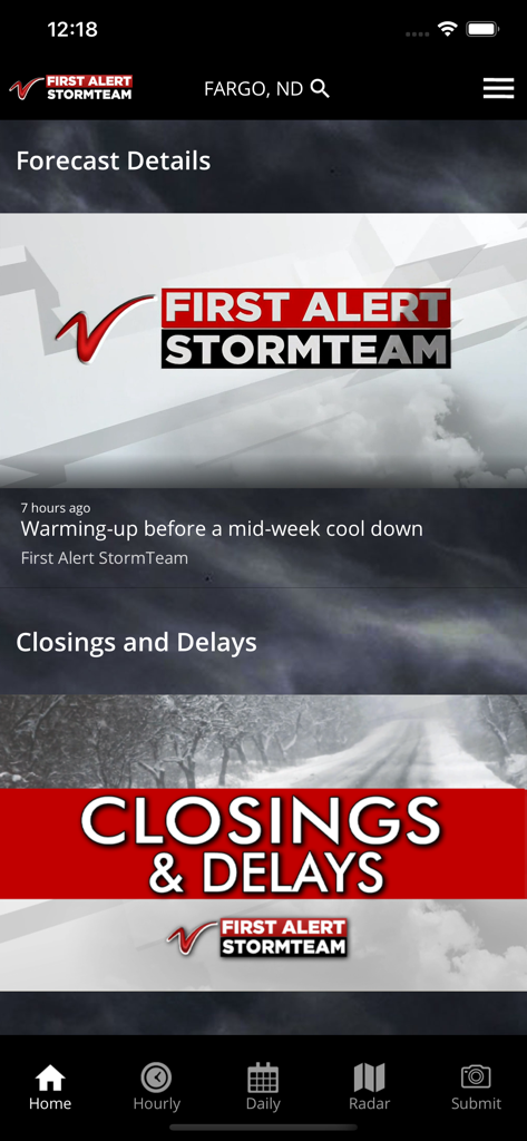 VNL Weather - Home screen of the VNL Weather app displaying forecast details and a section for closings and delays in Fargo