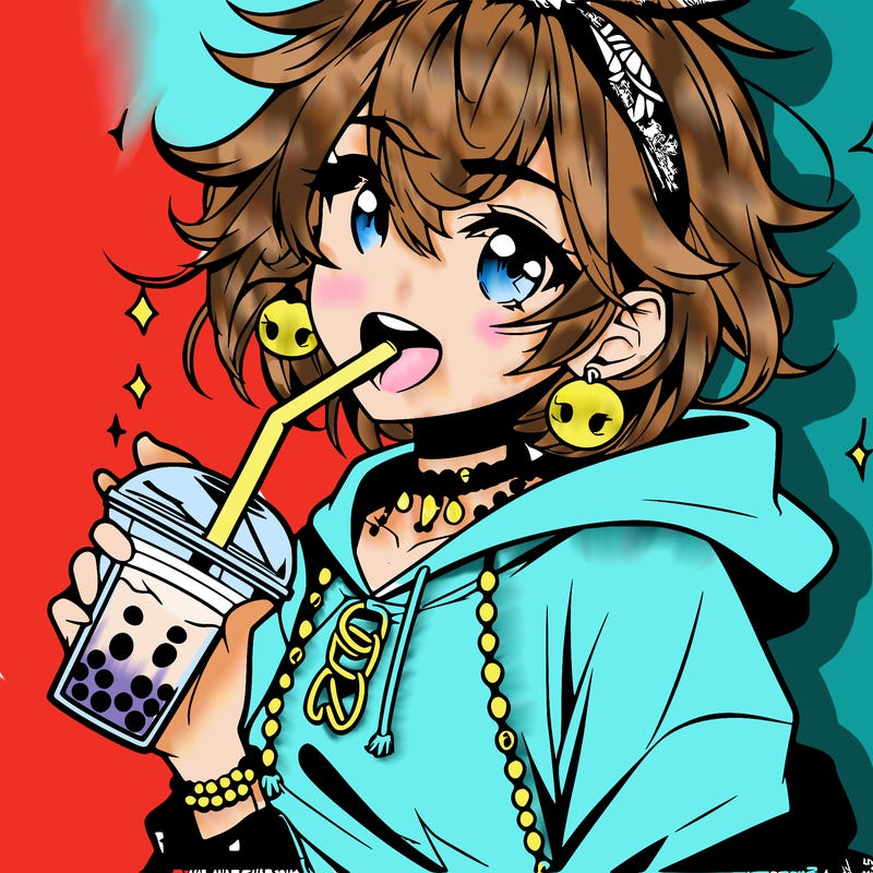 hot baddie anime girl drinking boba and biting the straw