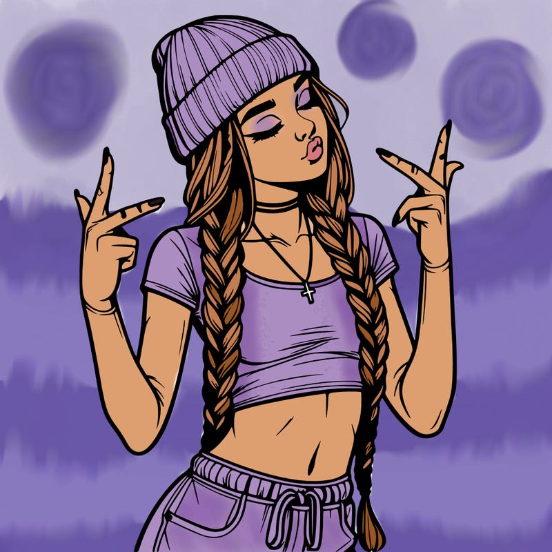 realistic teenage girl with braids and a beanie and crop top doing 🫶🏼