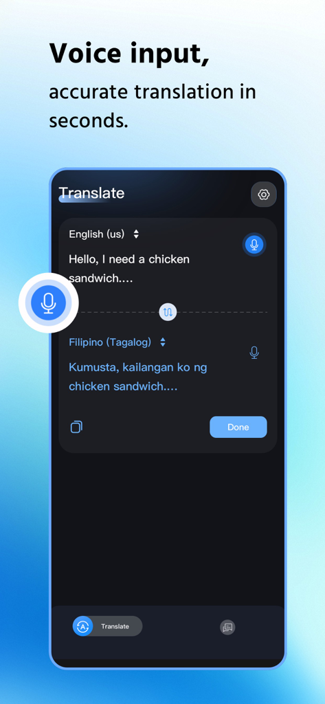 LingoView mobile app interface showing voice input translation from English to Filipino.