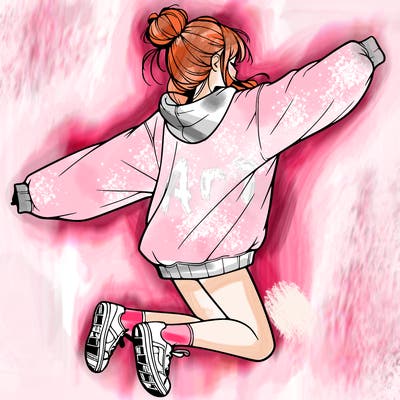 realistic girl jumping with a bun and oversized sweatshirt