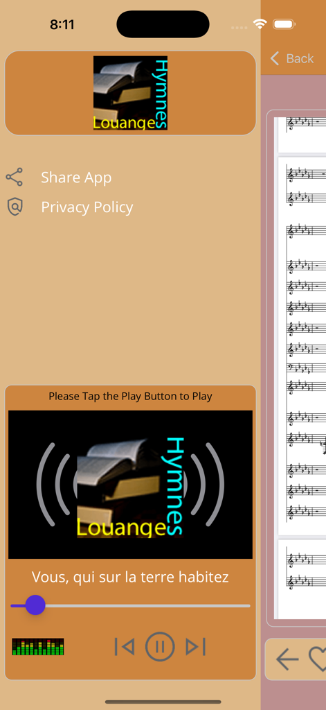 Audio player interface in the Hymns and Praise Pro app showing a French hymn title and music controls