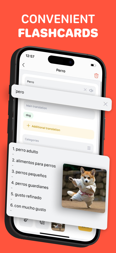 A mobile app screen showing a personalized Spanish flashcard with word examples and a corgi image