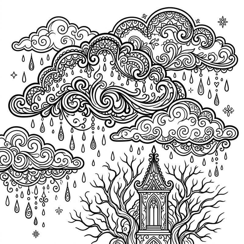 Explore the dramatic beauty of this Gothic Rain Clouds coloring page, featuring richly detailed patterns and a touch of melancholic elegance. It's an intricate design perfect for adult colorists seeking a unique and atmospheric challenge.