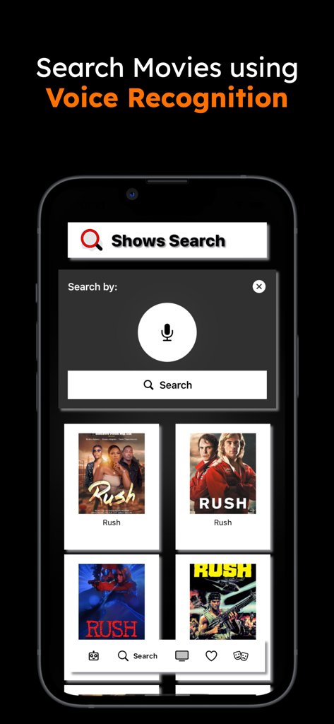Magi - TV & AI Movie Assistant - Magiアプリのインターフェース。映画を見つけるための音声認識検索機能を表示しています。